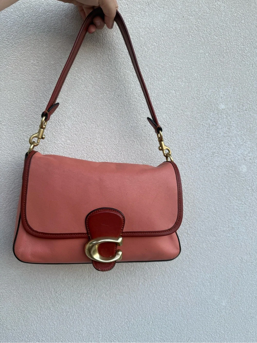 Coach soft tabby coral Shoulder Bag with Burgundy Trim & Gold 'C' Clasp